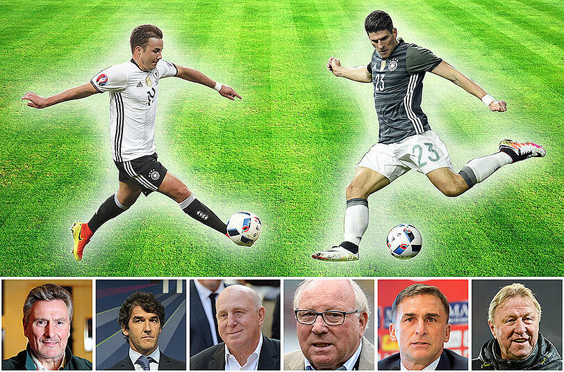 Wer stürmt für Deutschland? Bundestrainer Löw muss sich für Mario Götze oder Mario Gomez entscheiden - oder gibt es eine dritte Option? So würden die früheren DFB-Stürmer Uwe Seeler, Dieter Hoeneß, Dieter Müller, Horst Hrubesch, Karl-Heinz Riedle und Stefan Kunz aufstellen.