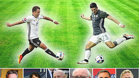 Wer stürmt für Deutschland? Bundestrainer Löw muss sich für Mario Götze oder Mario Gomez entscheiden - oder gibt es eine dritte Option? So würden die früheren DFB-Stürmer Uwe Seeler, Dieter Hoeneß, Dieter Müller, Horst Hrubesch, Karl-Heinz Riedle und Stefan Kunz aufstellen.