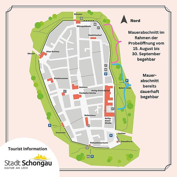 Diese Grafik der Stadt Schongau zeigt, in welchem Bereich die Stadtmauer nun zugänglich ist. Diese Grafik der Stadt Schongau zeigt, in welchem Bereich die Stadtmauer nun zugänglich ist.