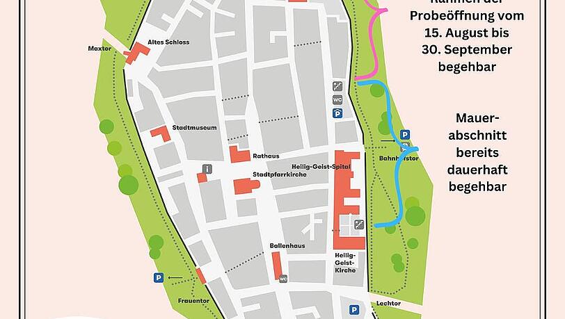 Diese Grafik der Stadt Schongau zeigt, in welchem Bereich die Stadtmauer nun zugänglich ist. Diese Grafik der Stadt Schongau zeigt, in welchem Bereich die Stadtmauer nun zugänglich ist.