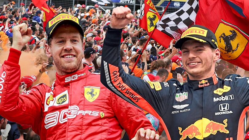 Begeistern die Fans in Hockenheim: Sieger Max Verstappen (rechts), der von vielen niederländischen Fans unterstützt wurde, und Lokalmatador Sebastian Vettel. Begeistern die Fans in Hockenheim: Sieger Max Verstappen (rechts), der von vielen niederländischen Fans unterstützt wurde, und Lokalmatador Sebastian Vettel.