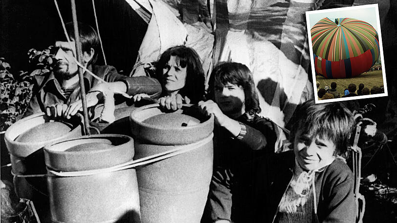 Familie Strelzyk 1979 (Peter Strelzyk, l., mit Frau und Kindern) mit dem Heißluftballon.