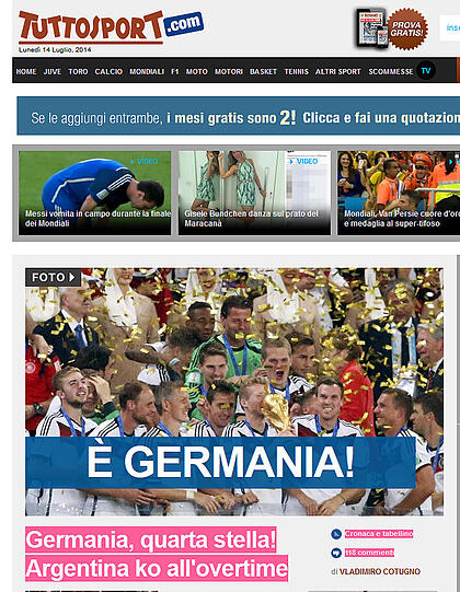 Die italienische Tuttosport: "Deutschland holt den vierten Stern! Argentinien geht in der Verlängerung K.O."
