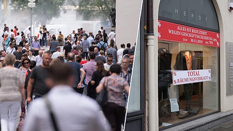 Auch in der Hohenzollernstraße in Schwabing schließen immer mehr Geschäfte (r.). Das Geschäft der Großen in der Fußgängerzone boomt hingegen.