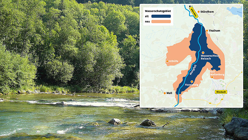 Bislang gilt der Wasserschutz für die blau markierte Zone. Künftig sollen die braunen Grenzen gelten. Darin liegen aber Felder der Biohöfe Gut Wallenburg und Haselsteig. Das führt zu Streit.