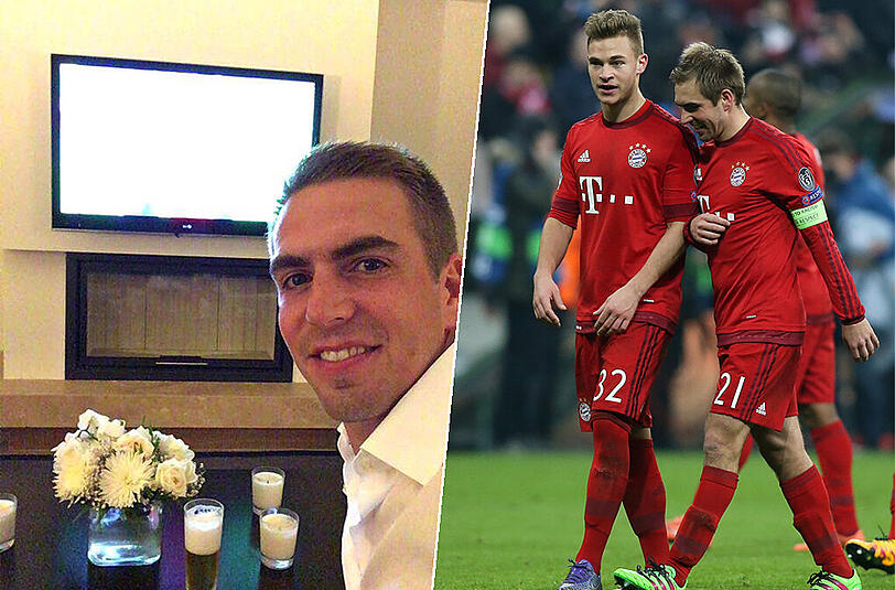 Es ist kein Kölsch, es sieht nur so aus: Philipp Lahm gönnt sich im Urlaub ein kleines Bier, während er EM schaut. Bild rechts: Bayern-Kollegen: Kimmich und Lahm.
