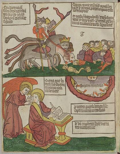 Die vier apokalyptischen Reiter; darunter: Der Engel diktiert Johannes die &bdquo;Apokalypse&ldquo;.