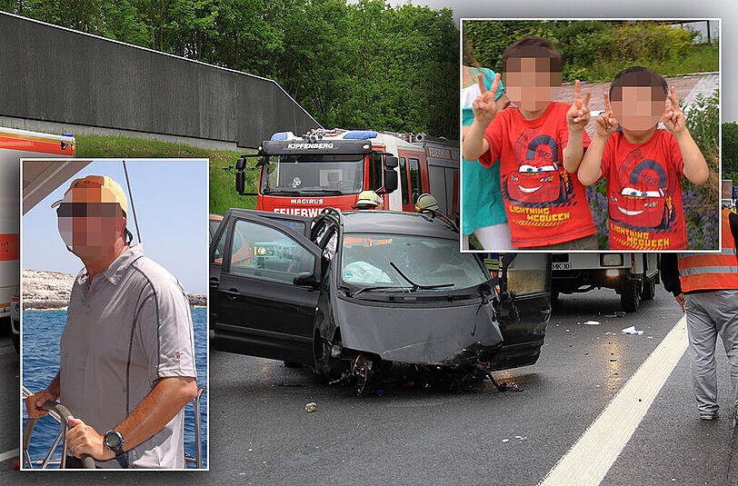 Der zertrümmerte Seat Alhambra der Erdinger Familie an der Unglücksstelle. Feuerwehr und Rettungskräfte sind im Einsatz. Unten links: Der Unfallfahrer. Oben rechts: Die beiden toten Buben.