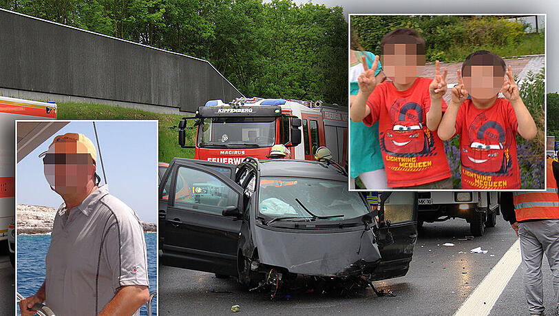 Der zertrümmerte Seat Alhambra der Erdinger Familie an der Unglücksstelle. Feuerwehr und Rettungskräfte sind im Einsatz. Unten links: Der Unfallfahrer. Oben rechts: Die beiden toten Buben. Der zertrümmerte Seat Alhambra der Erdinger Familie an der Unglücksstelle. Feuerwehr und Rettungskräfte sind im Einsatz. Unten links: Der Unfallfahrer. Oben rechts: Die beiden toten Buben.