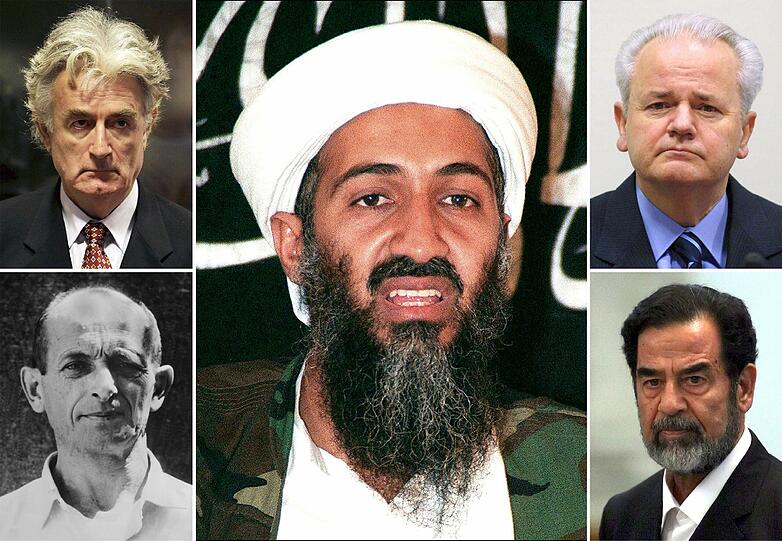 Al Kaida Führer Osama bin Laden (M), der bosnische Serbenführer Radovan Karadzic (o.l.),  der frühere jugoslawische Präsident Slobodan Milosevic (o.r.), der der ehemalige SS-Obersturmbannführer Adolf Eichmann (u.l.) und der ehemalige irakische Staatspräsident Saddam Hussein: Sie haben vielen Menschen Tod und Leid gebracht und konnten erst nach jahrelanger Fahndung gefasst und bestraft werden.
