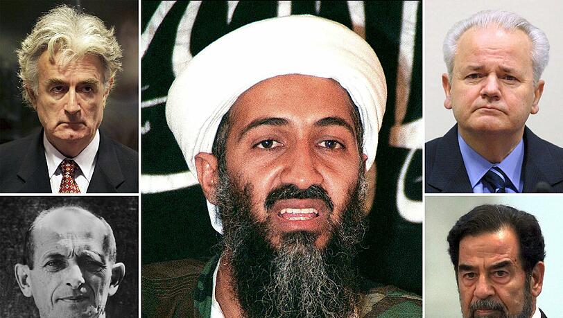 Al Kaida Führer Osama bin Laden (M), der bosnische Serbenführer Radovan Karadzic (o.l.), der frühere jugoslawische Präsident Slobodan Milosevic (o.r.), der der ehemalige SS-Obersturmbannführer Adolf Eichmann (u.l.) und der ehemalige irakische Staatspräsident Saddam Hussein: Sie haben vielen Menschen Tod und Leid gebracht und konnten erst nach jahrelanger Fahndung gefasst und bestraft werden. Al Kaida Führer Osama bin Laden (M), der bosnische Serbenführer Radovan Karadzic (o.l.), der frühere jugoslawische Präsident Slobodan Milosevic (o.r.), der der ehemalige SS-Obersturmbannführer Adolf Eichmann (u.l.) und der ehemalige irakische Staatspräsident Saddam Hussein: Sie haben vielen Menschen Tod und Leid gebracht und konnten erst nach jahrelanger Fahndung gefasst und bestraft werden.