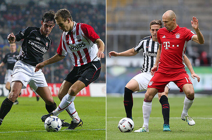 Der doppelte Arjen: Robben 2003 im Trikot des PSV Eindhoven (gegen Twente Enschede) und am vergangenen Wochenende im Trikot des FC Bayern (beim 2:2 in Frankfurt).