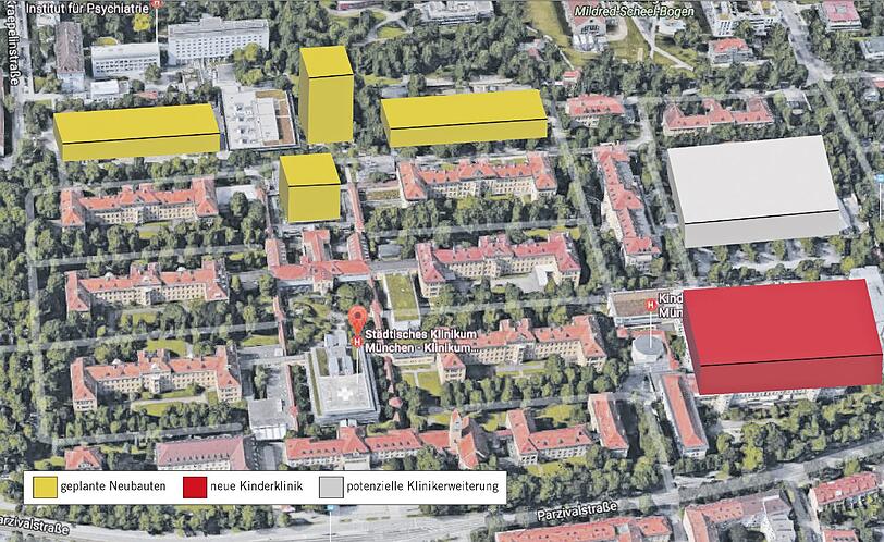 Hier ein Luftbild vom Campus des Schwabinger Krankenhauses. Nach der Sanierung wird nicht viel übrig bleiben. Viele der aktuellen Patientenhäuser wird das Klinikum dann nicht mehr nutzen.