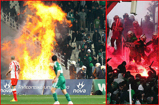 Schwere Zusammenstöße zwischen Hooligans und der
Polizei haben am Sonntagabend zum Abbruch des griechischen Derbys
zwischen Panathinaikos Athen und Olympiakos Piräus geführt.