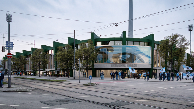 Die neue Osttrib&uuml;ne lehnt sich gestalterisch nahtlos an die Stehhalle an.