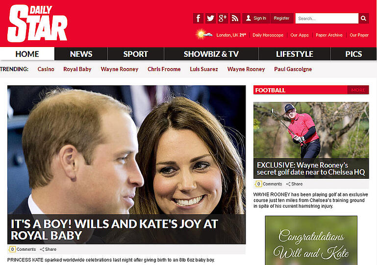 Der "Dayily Star" schreibt: "Es ist ein Junge! Wills und Kates Freude über ihr Royal Baby"