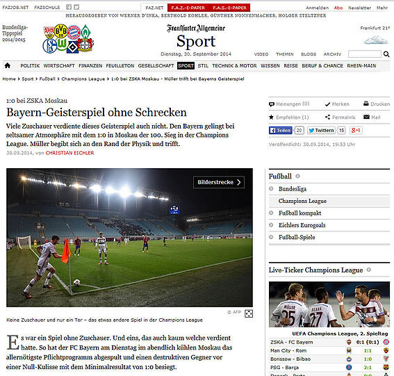 Die FAZ schreibt: "Bayern-Geisterspiel ohne Schrecken"