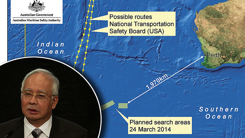 Kleines Bild: Malaysias Regierungschef Najib Razak. Hintergrund: Das Suchgebiet im Indischen Ozean. Hier liegt die vermisste Boeing MH370 Kleines Bild: Malaysias Regierungschef Najib Razak. Hintergrund: Das Suchgebiet im Indischen Ozean. Hier liegt die vermisste Boeing MH370
