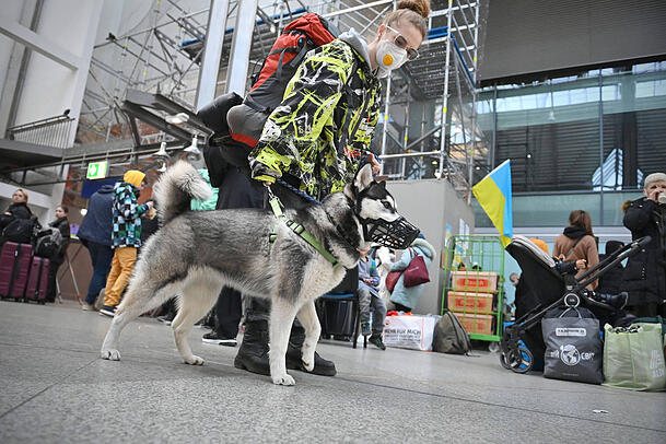 Eine junge Frau aus der Ukraine mit ihrem Hund am Münchner Hauptbahnhof.