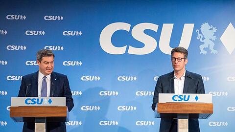 Markus Söder (l), CSU-Vorsitzender, und Markus Blume, CSU-Generalsekretär, geben eine Pressekonferenz. Foto: Lino Mirgeler/Archiv