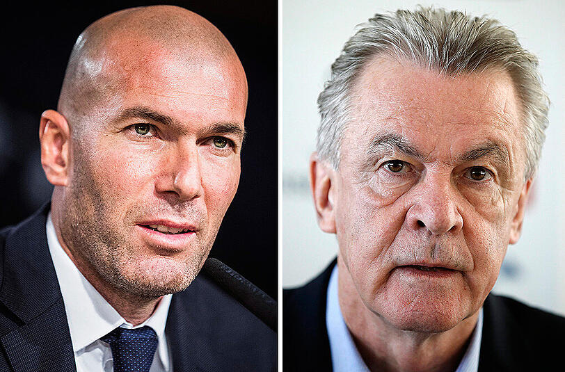 Ex-Bayern-Coach Ottmar Hitzfeld (rechts) hält die Berufung von Zinedine Zidane zum Trainer von Real Madrid schlichtweg für "verrückt".