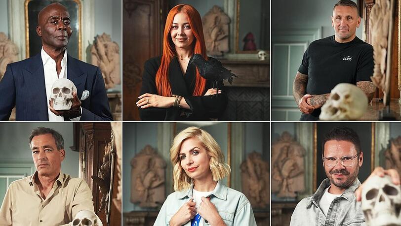 Choreograph Bruce Darnell, Profitänzerin Oana Nechiti, der ehemalige Bobsportler Kevin Kuske (oben v.l.) sowie Schauspieler Jan Sosniok, Schauspielerin Susan Sideropoulos und Schauspieler Thomas Drechsel (unten v.l.) sind Spieler von "Die Verräter - Vertraue Niemandem!".