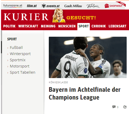 Der Kurier aus Österreich berichtet nüchtern vom Achtelfinal-Einzug der Bayern.