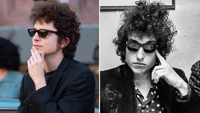 Links Timothée Chalamet 2024 als Bob Dylan und rechts der echte Bob Dylan im Jahr 1966. Links Timothée Chalamet 2024 als Bob Dylan und rechts der echte Bob Dylan im Jahr 1966.