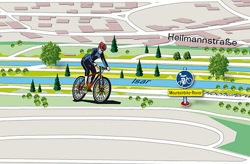 Pullach, Höhe Heilmannstraße: Rechts der Isar tummeln sich die Mountainbiker.