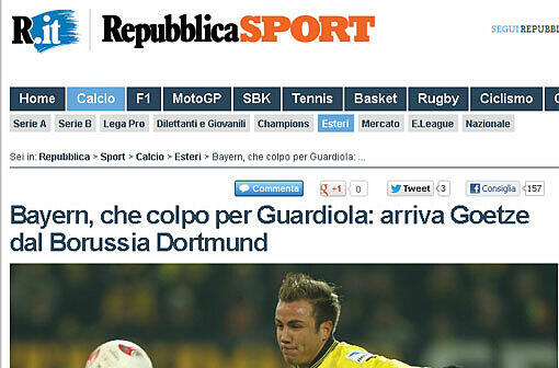 "Götze, was für ein Hit für Guardiola", so intoniert LaRepubblica den Deal.
