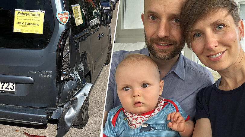 Links: Der demolierte Peugeot Partner. Das Wiesnherz am Heck ist ein Gruß an den flüchtigen Unfallfahrer. Rechts: Söhnchen Luca (1) mit Papa Ralf und Mutter Jana.
