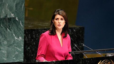 Nikki Haley, Botschafterin der USA bei den Vereinten Nationen, spricht im Rahmen der UN-Generalversammlung im Hauptquartier der Vereinten Nationen.