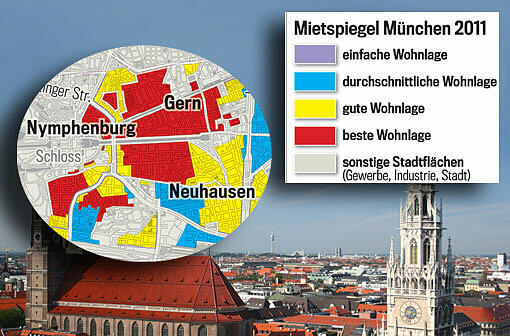 Die Lage macht&rsquo;s: Je nach farblicher Markierung fällt auch die Grundmiete unterschiedlich hoch aus. Der Mietspiegel gilt ab 20. März 2013. Wohnen Sie in bester Lage? Einfach weiterklicken!