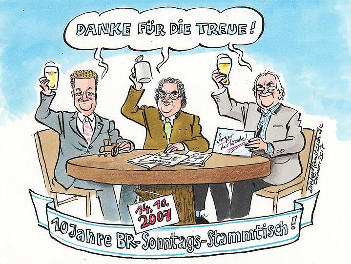 Noch mit Helmut Markwort in der Mitte: Diese Zeichnung vom Sonntags-Stammtisch hat Karikaturist Dieter Hanitzsch zum zehnjährigen Jubiläum der Sendung im vergangenen Jahr angefertigt.