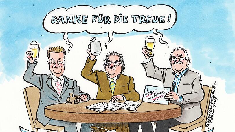 Noch mit Helmut Markwort in der Mitte: Diese Zeichnung vom Sonntags-Stammtisch hat Karikaturist Dieter Hanitzsch zum zehnjährigen Jubiläum der Sendung im vergangenen Jahr angefertigt.