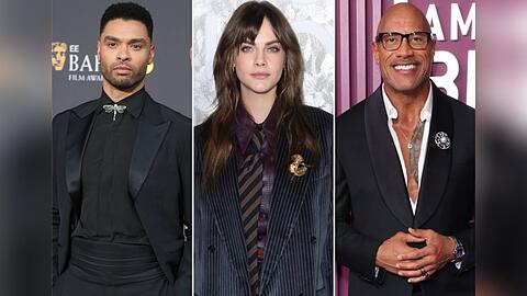 Sind schon dabei beim Broschen-Trend: Reg&eacute;-Jean Page (l.), Cara Delevingne und Dwayne Johnson.