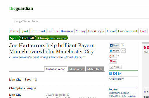 The Guardian: "Joe Harts Fehler helfen den brillianten Bayern dabei Manchester City zu begraben."