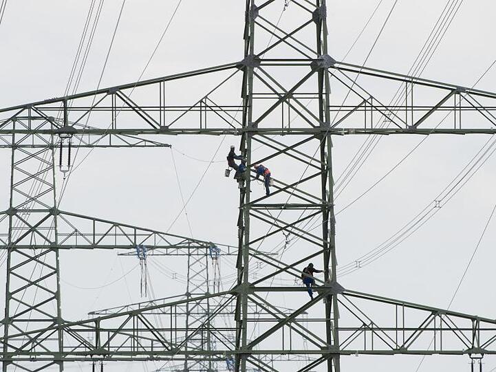 Arbeiter stehen auf einem Strommast. Foto: Sebastian Kahnert/Archiv