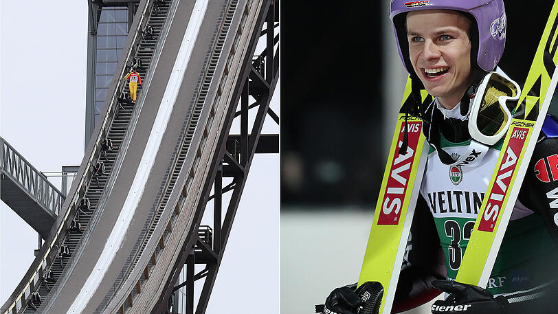 Das Training wurde am Mittwoch wegen starker Windböen abgesagt (links), der deutsche Skispringer Andreas Wellinger sprüht derweil vor Optimismus.