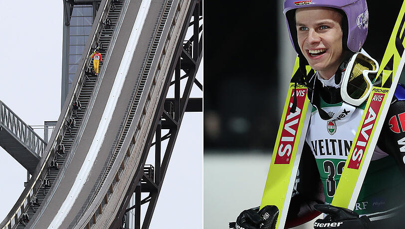 Das Training wurde am Mittwoch wegen starker Windböen abgesagt (links), der deutsche Skispringer Andreas Wellinger sprüht derweil vor Optimismus. Das Training wurde am Mittwoch wegen starker Windböen abgesagt (links), der deutsche Skispringer Andreas Wellinger sprüht derweil vor Optimismus.