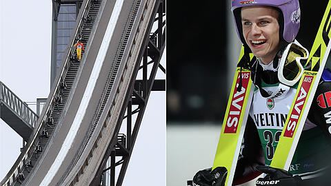 Das Training wurde am Mittwoch wegen starker Windböen abgesagt (links), der deutsche Skispringer Andreas Wellinger sprüht derweil vor Optimismus.