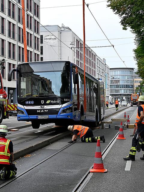 Der Gelenk-Linienbus geriet aus der vom &ouml;ffentlichen Verkehrsraum abgesetzten Fahrspur und setzte so auf dem etwa 15 Zentimeter hohen Bordstein auf.
