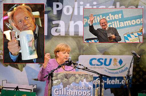 Angela Merkel, Christian Ude und Jürgen Trittin heizen beim "Gillamoos" Volksfest ordentlich ein.