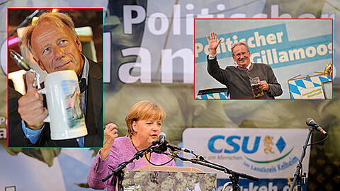 Angela Merkel, Christian Ude und Jürgen Trittin heizen beim "Gillamoos" Volksfest ordentlich ein.