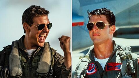 Zwischen diesen beiden Bildern liegen über 35 Jahre: Tom Cruise in "Top Gun" (r.) und dessen Nachfolger "Top Gun: Maverick".