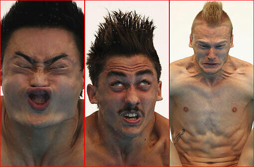 Schwimm-WM 2011 in Shanghai: Beim 3-Meter-Kunstspringen der Herren überzeugen die Teilnehmer nicht nur mit ihrem Können, sondern auch mit einer Reihe skurriler Gesichter.
