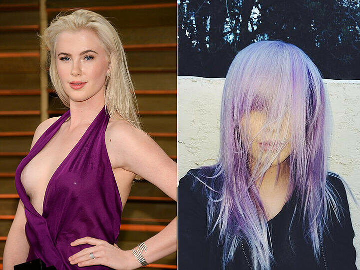 US-Model Ireland Baldwin mit zu wenig Lila bei den Oscars am Sonntag (li.) und mit zu viel Lila vier Tage später (re.)