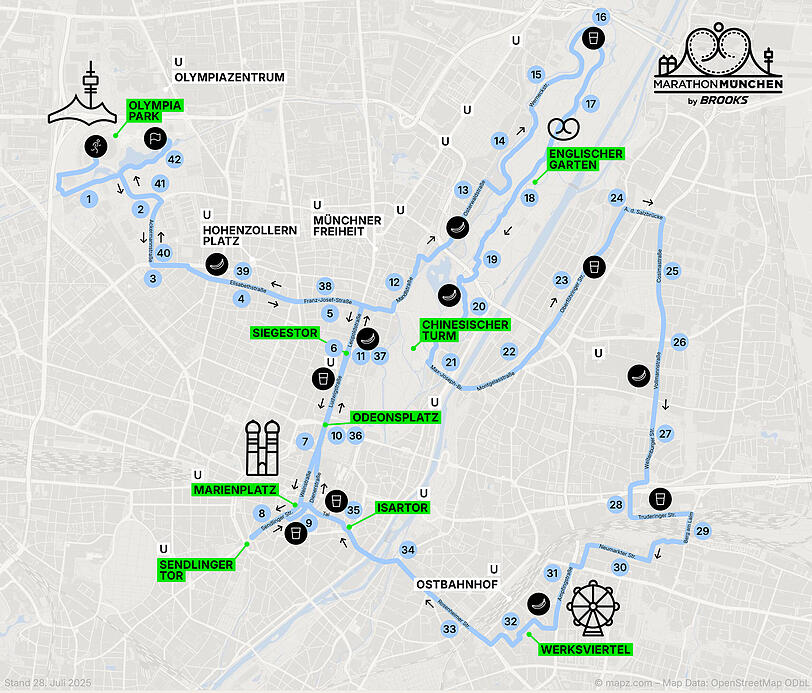 So verläuft die Route des diesjährigen München-Marathons. Start und Ziel sind jeweils im Olympiapark. So verläuft die Route des diesjährigen München-Marathons. Start und Ziel sind jeweils im Olympiapark.