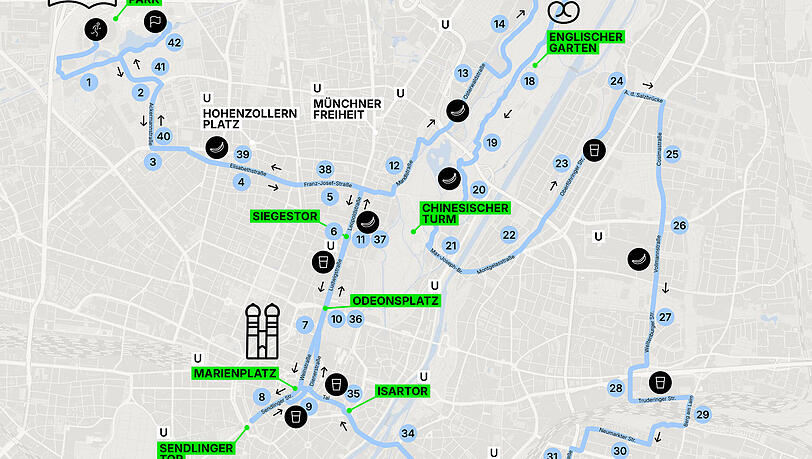 So verläuft die Route des diesjährigen München-Marathons. Start und Ziel sind jeweils im Olympiapark. So verläuft die Route des diesjährigen München-Marathons. Start und Ziel sind jeweils im Olympiapark.
