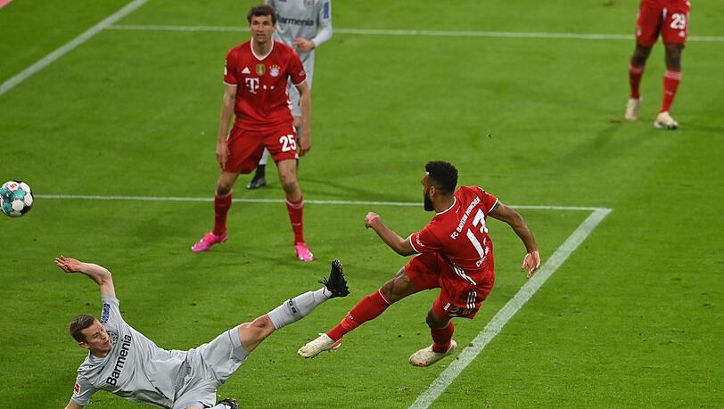 Das dritte Spiel in Folge, in dem Eric Maxim Choupo-Moting ein Tor erzielt: Der Bayern-Stürmer trifft gegen Leverkusen zum 1:0.